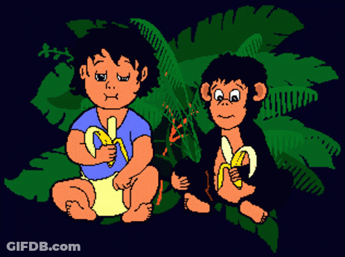 A Baby And A Chimpanzee Are Eating Bananas GIF