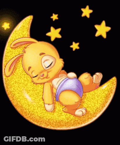 A Baby Bunny Is Sleeping On A Crescent Moon With Stars In The Background GIF
