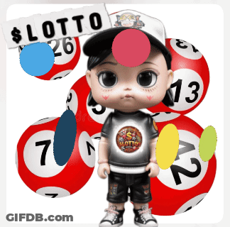 A Baby Doll Is Surrounded By Lottery Balls And A Sign That Says Lotto On It GIF
