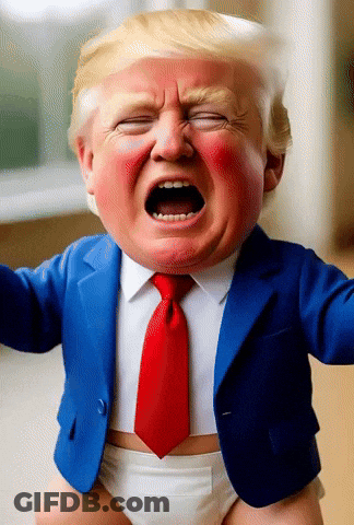 A Baby Dressed As Donald Trump Is Crying With His Mouth Open GIF