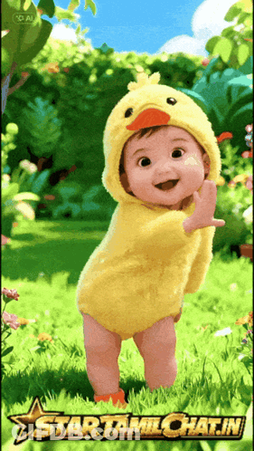 A Baby Dressed In A Yellow Duck Costume Is Walking In A Garden GIF