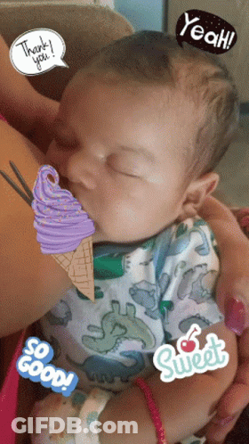 A Baby Eating A Purple Ice Cream Cone With A Thank You Speech Bubble GIF