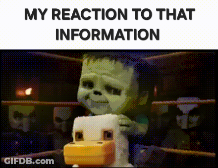 A Baby Frankenstein Is Holding A Toy Chicken In A Boxing Ring And Says `` My Reaction To That Information '' . GIF