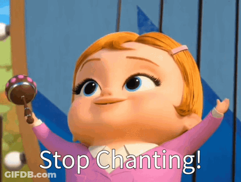 A Baby Girl Holding A Rattle With The Words Stop Chanting Below Her GIF