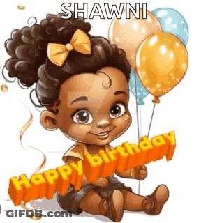 A Baby Girl Is Holding Balloons And A Sign That Says Happy Birthday . GIF