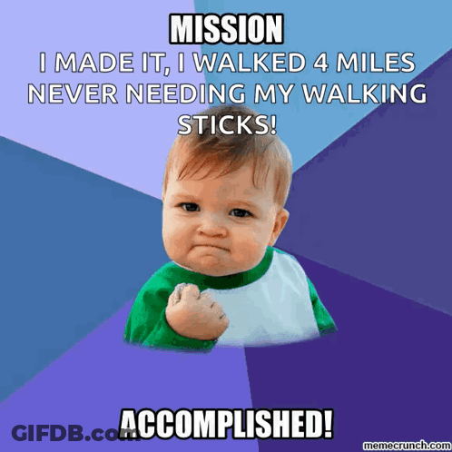 A Baby Giving A Fist With The Caption Mission I Made It , I Walked 4 Miles Never Needing My Walking Sticks GIF