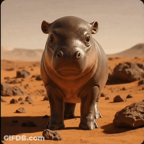 A Baby Hippopotamus Is Standing In The Desert GIF