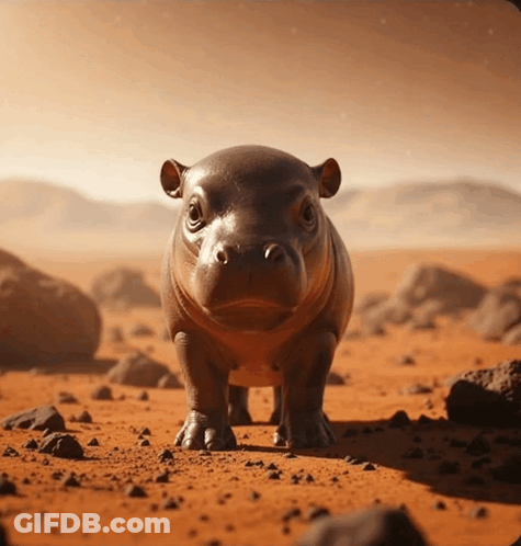 A Baby Hippopotamus Standing In The Dirt And Rocks GIF