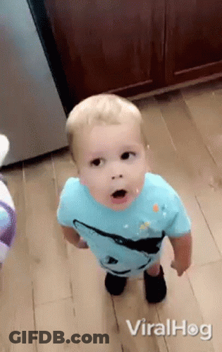 A Baby In A Blue Shirt Is Standing On A Wooden Floor And Looking At The Camera . GIF