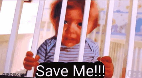 A Baby In A Crib With The Words Save Me On The Bottom Right GIF