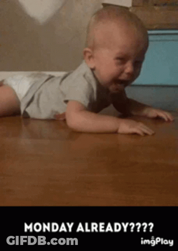 A Baby In A Diaper Is Crawling On A Wooden Floor With The Caption Monday Already GIF