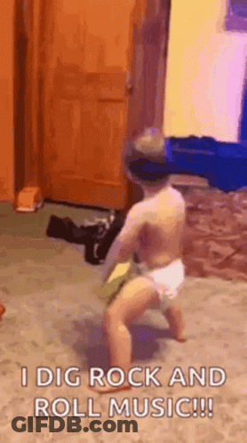 A Baby In A Diaper Is Dancing In A Room With The Words `` I Dig Rock And Roll Music ! '' GIF