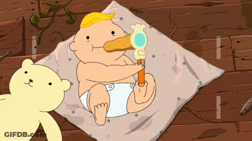 A Baby In A Diaper Is Holding A Toy And A Yellow Teddy Bear Looks On GIF