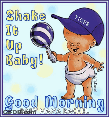 A Baby In A Diaper Wearing A Tiger Hat Holds A Rattle GIF