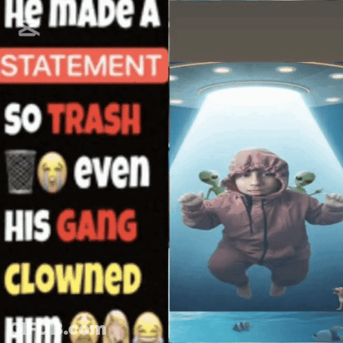 A Baby In A Hooded Jacket Is Next To A Sign That Says He Made A Statement So Trash GIF