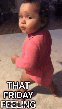 A Baby In A Pink Dress Is Walking With The Words That Friday Feeling Written Below It GIF