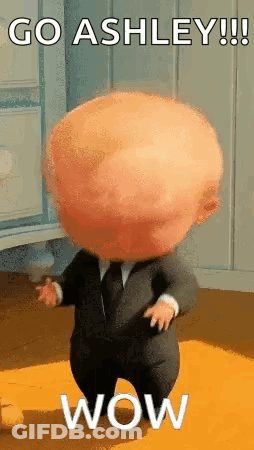 A Baby In A Suit And Tie Is Dancing In A Room With A Big Head . GIF
