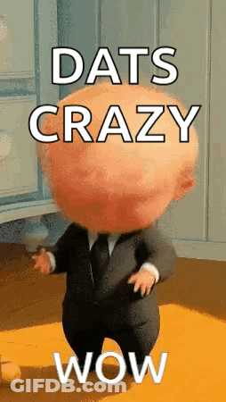 A Baby In A Suit And Tie Is Dancing In A Room With The Words `` Dats Crazy Wow '' . GIF