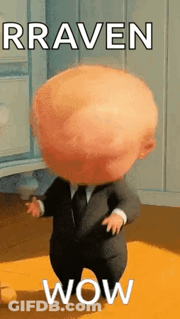 A Baby In A Suit And Tie Is Standing On A Wooden Floor With A Big Head . GIF