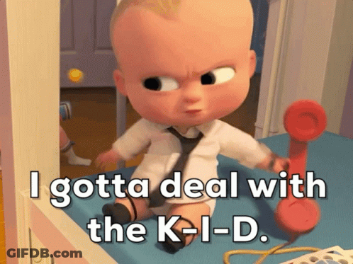 A Baby In A White Shirt And Tie Is Talking On A Red Telephone With The Words I Gotta Deal With The K-I-D GIF