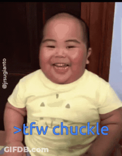 A Baby In A Yellow Shirt With The Words > Tfw Chuckle Below Him GIF