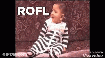 A Baby In A Zebra Print Outfit Is Sitting On A Couch With The Word Rofl Written Above Him . GIF