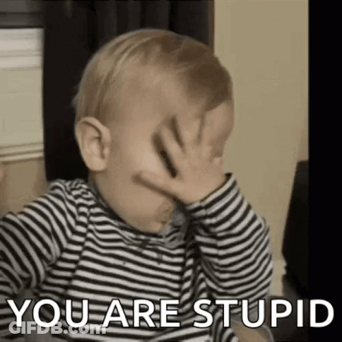 A Baby Is Covering His Face With His Hand And The Words `` You Are Stupid '' Are Written Above Him . GIF