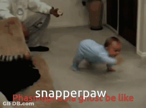 A Baby Is Crawling In A Room With The Words Snapperpaw Phasmophobia Ghost Be Like Behind It GIF