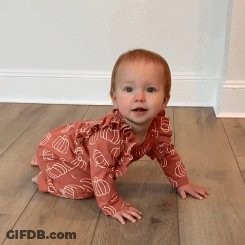 A Baby Is Crawling On A Wooden Floor Wearing A Pink Outfit With Pumpkins On It GIF