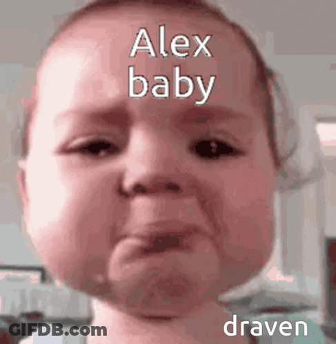 A Baby Is Crying With The Words Alex Baby On Its Forehead . GIF