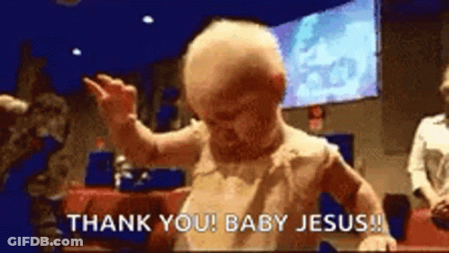 A Baby Is Dancing In A Church And Saying Thank You Baby Jesus GIF