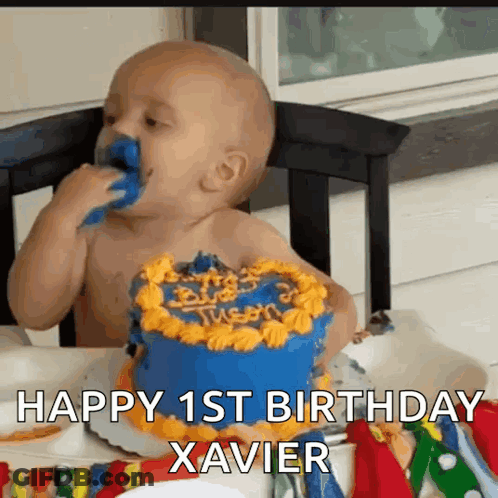 A Baby Is Eating A Birthday Cake With The Words Happy 1St Birthday Xavier Written On It GIF