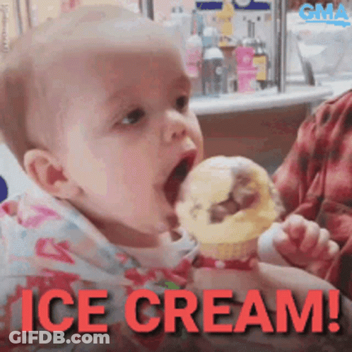 A Baby Is Eating An Ice Cream Cone With The Words Ice Cream Written On The Bottom GIF