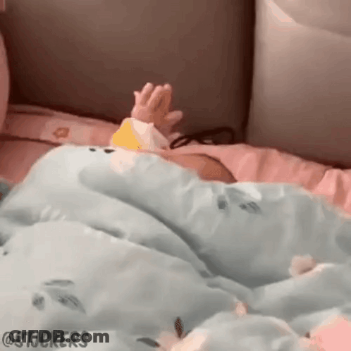 A Baby Is Laying On A Bed With A Blue Blanket And A Pink Pillow . GIF