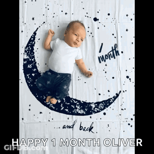 A Baby Is Laying On A Blanket With The Words Happy 1 Month Oliver Below It GIF