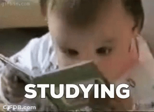 A Baby Is Reading A Book And The Word Studying Is On The Bottom Of The Picture . GIF