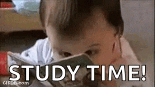 A Baby Is Reading A Book With The Words `` Study Time '' Written On The Bottom . GIF