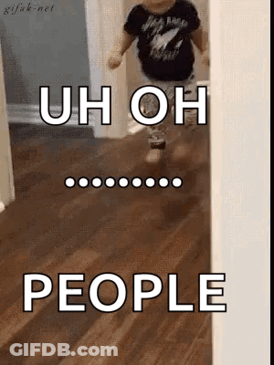 A Baby Is Running Down A Hallway With The Words `` Uh Oh People '' Written On The Floor . GIF