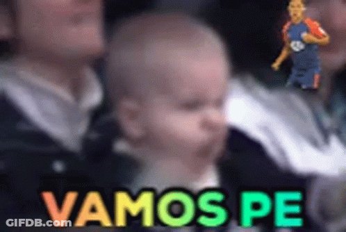 A Baby Is Sitting In A Crowd With The Words Vamos Pe Written On It GIF