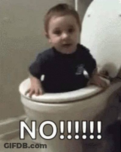 A Baby Is Sitting In A Toilet With The Word No Written On It . GIF