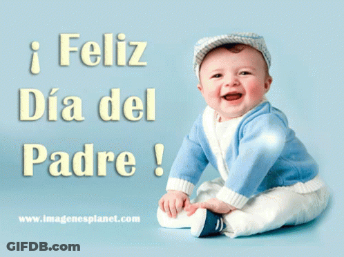 A Baby Is Sitting In Front Of A Sign That Says Feliz Dia Del Padre ! GIF