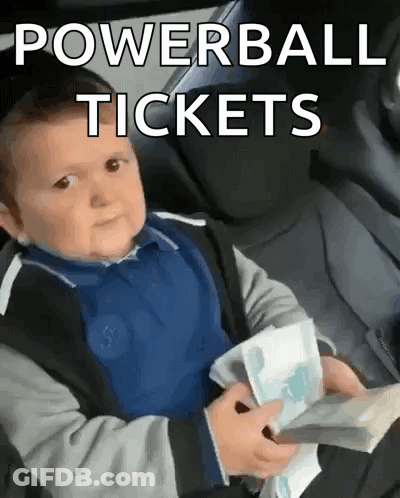 A Baby Is Sitting In The Back Seat Of A Car Holding A Bunch Of Money And A Sign That Says Powerball Tickets GIF