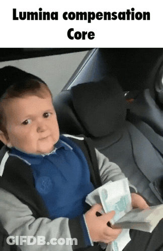 A Baby Is Sitting In The Back Seat Of A Car Holding A Bunch Of Money And The Caption Lumina Compensation Core GIF
