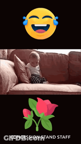 A Baby Is Sitting On A Couch Next To A Flower With The Words Concession Stand Staff Below It GIF