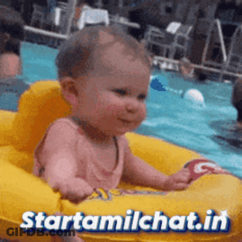 A Baby Is Sitting On An Inflatable Raft In A Pool With The Website Starttamilchat.in Written On The Bottom GIF