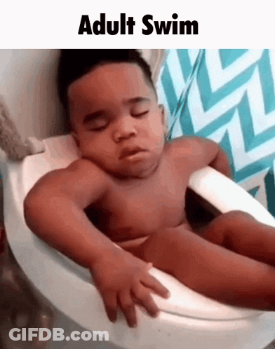 A Baby Is Sleeping In A Bathtub With The Words `` Adult Swim '' Written Above Him . GIF