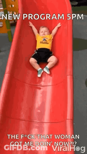 A Baby Is Sliding Down A Red Slide With The Words " New Program 5Pm " On The Bottom . GIF