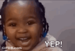 A Baby Is Smiling With The Words Yep Written Next To Her . GIF