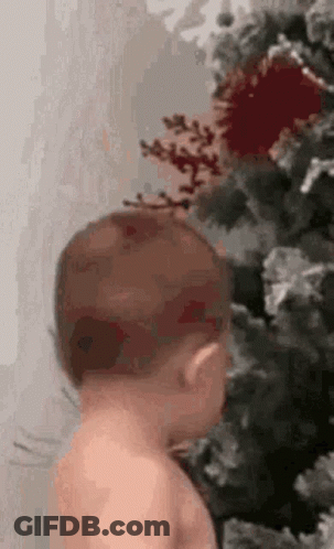 A Baby Is Standing In Front Of A Christmas Tree Without A Shirt On . GIF