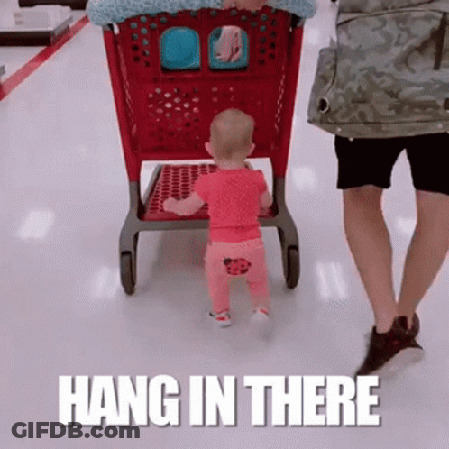 A Baby Is Standing Next To A Shopping Cart With The Words Hang In There Written On It . GIF